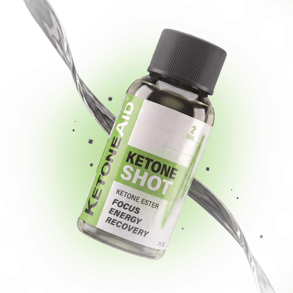 KetoneAid Ketone Shot bottle with liquid splash
