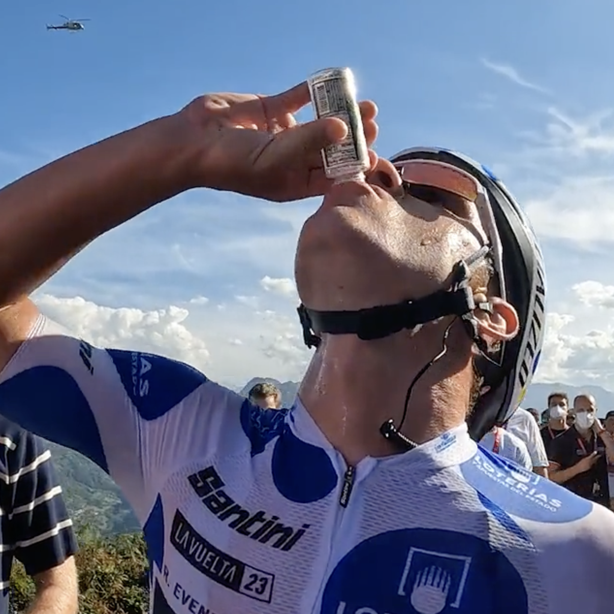 Soudal Quick-Step rider drinking KetoneAid at the finish line